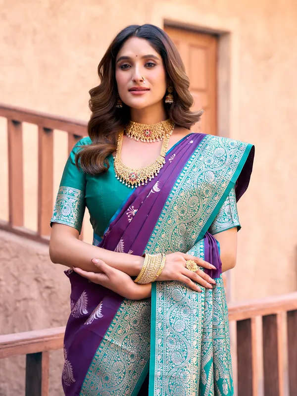 Purple silk saree with graceful zari woven design