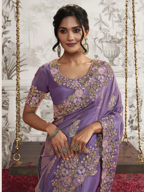 Purple silk saree with sequins embellishment