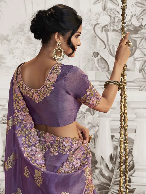 Purple silk saree with sequins embellishment