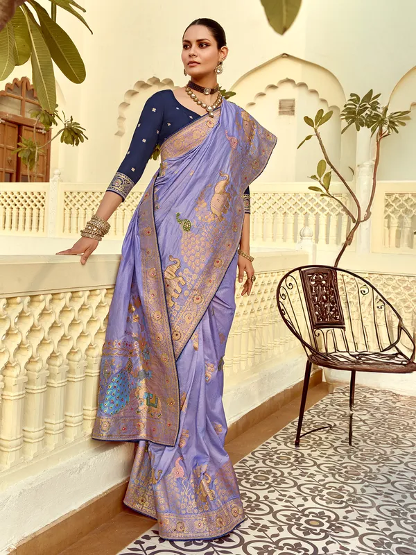 Purple silk saree with zari work for women