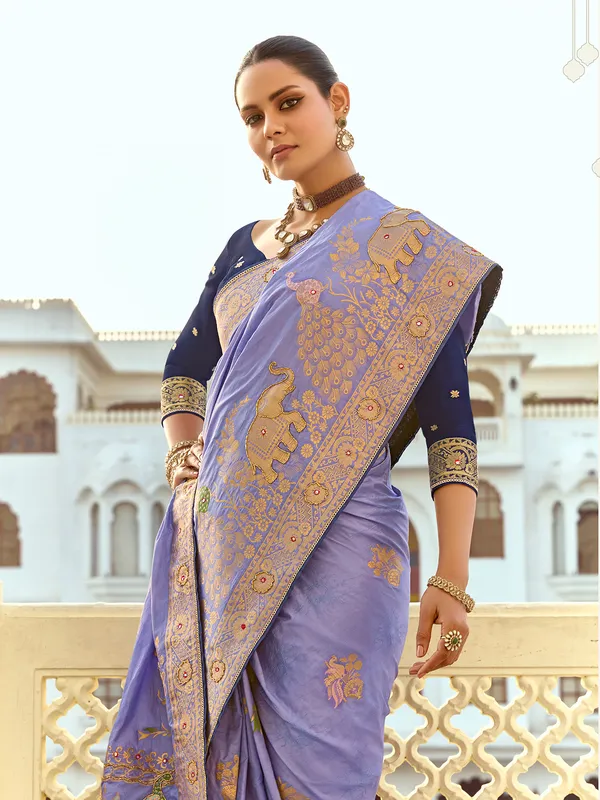 Purple silk saree with zari work for women
