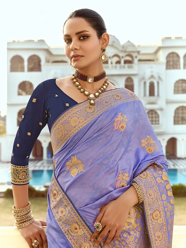 Purple silk saree with zari work for women