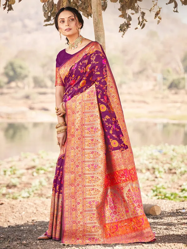 Purple silk self weaving saree