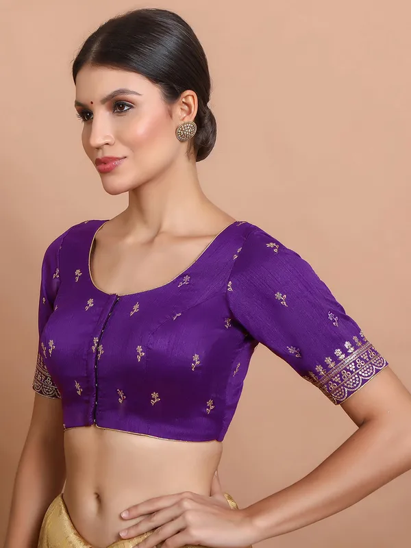 Purple silk sequin embroidered round neck blouse