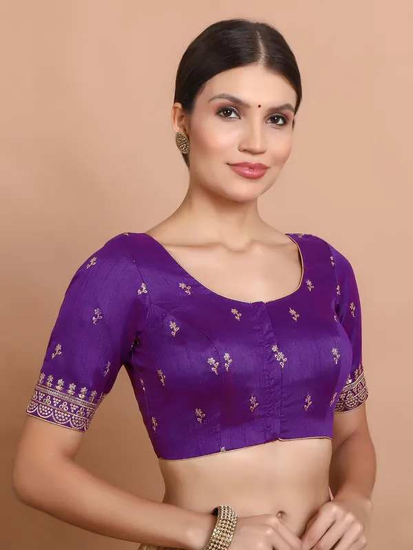 Purple silk sequin embroidered round neck blouse