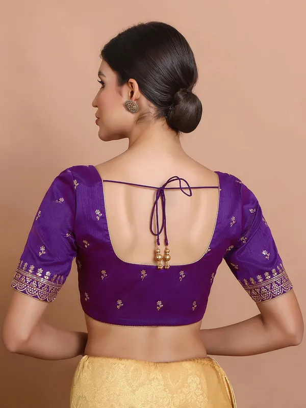 Purple silk sequin embroidered round neck blouse