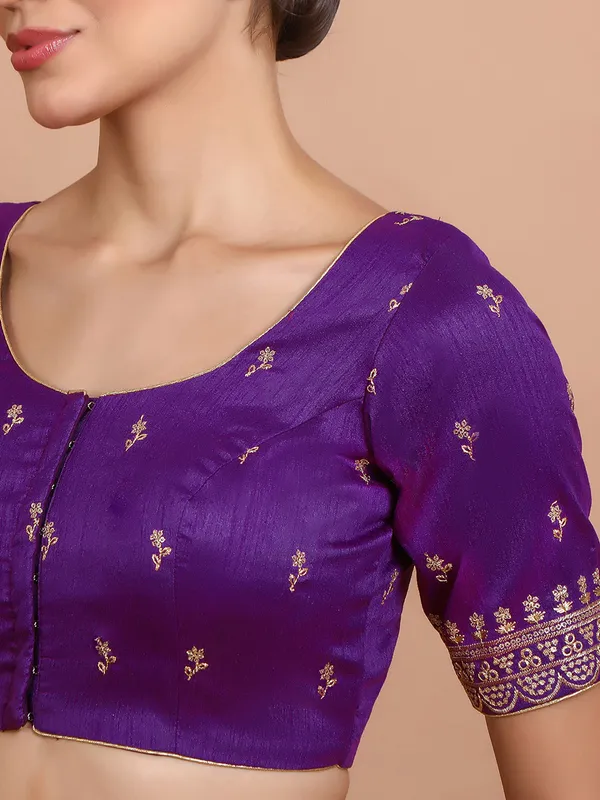 Purple silk sequin embroidered round neck blouse