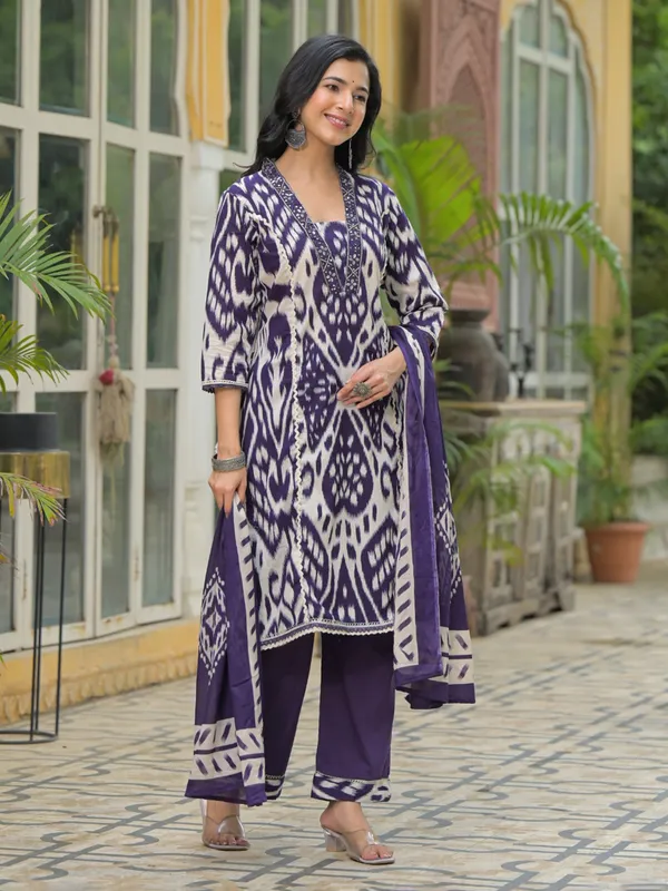 Purple silk sequins embellished kurti set