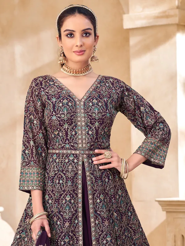 Purple silk sequins zari designer palazzo salwar suit with dupatta