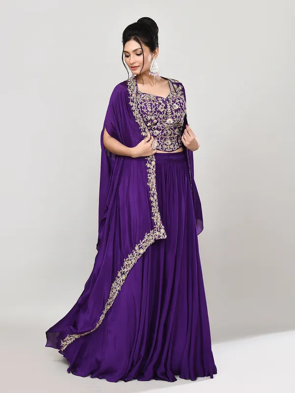 Purple silk shrug style wedding wear lehenga choli