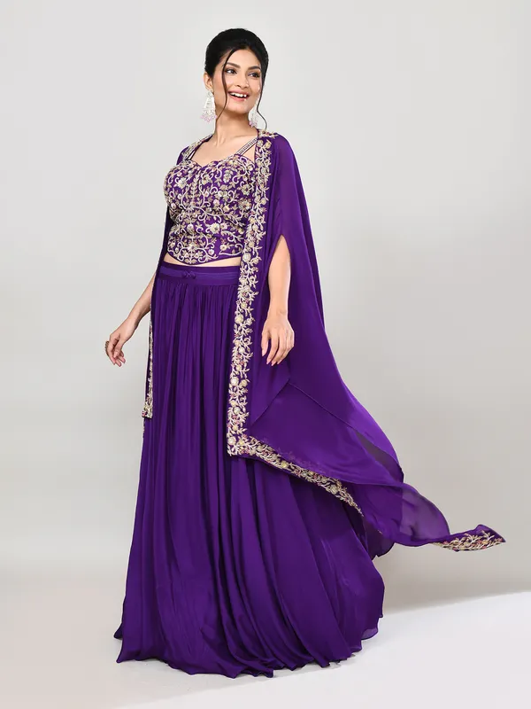 Purple silk shrug style wedding wear lehenga choli
