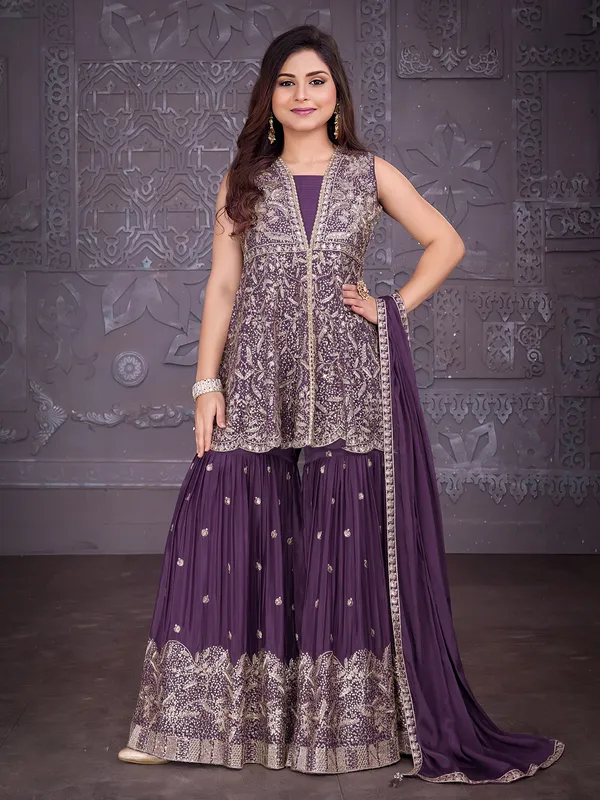 Purple silk sleeveless sharara ensemble
