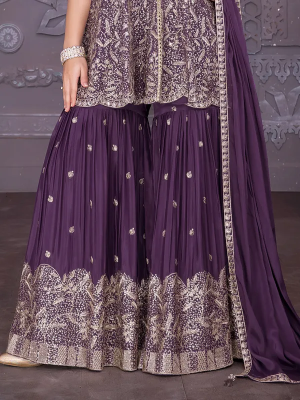 Purple silk sleeveless sharara ensemble