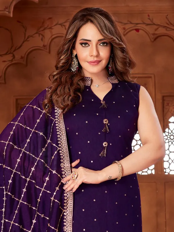 Purple silk straight cut salwar suit with dupatta