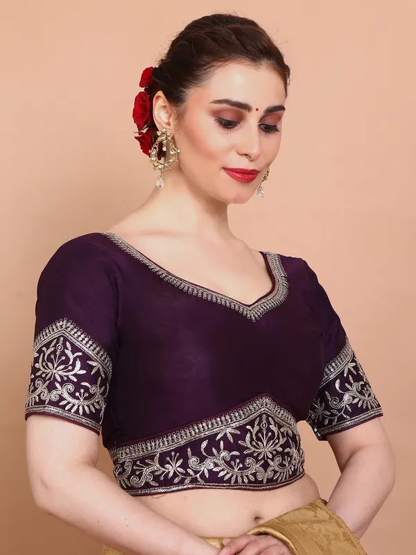 Purple silk sweetheart neck ready made blouse