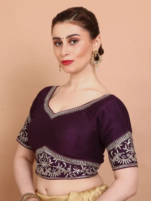 Purple silk sweetheart neck ready made blouse
