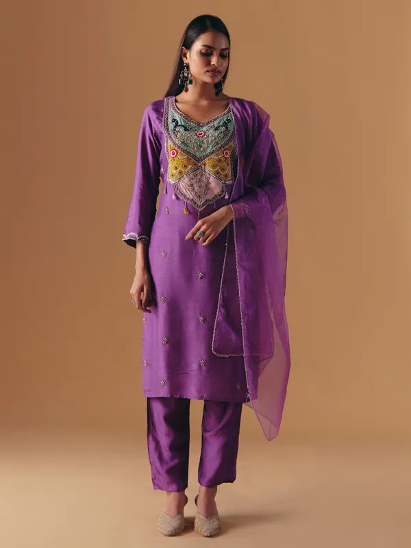 Purple silk sweetheart salwar suit with dupatta