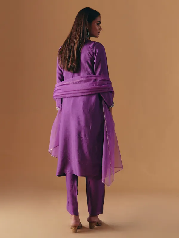 Purple silk sweetheart salwar suit with dupatta