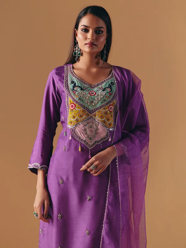 Purple silk sweetheart salwar suit with dupatta