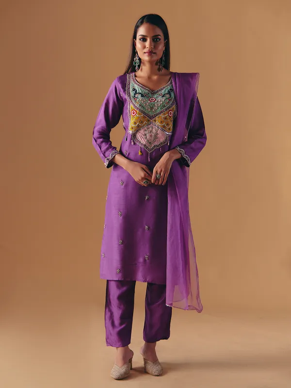 Purple silk sweetheart salwar suit with dupatta