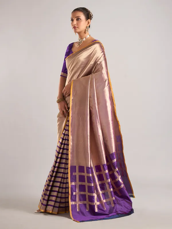 Purple silk unstitched blouse piece with zari weaving