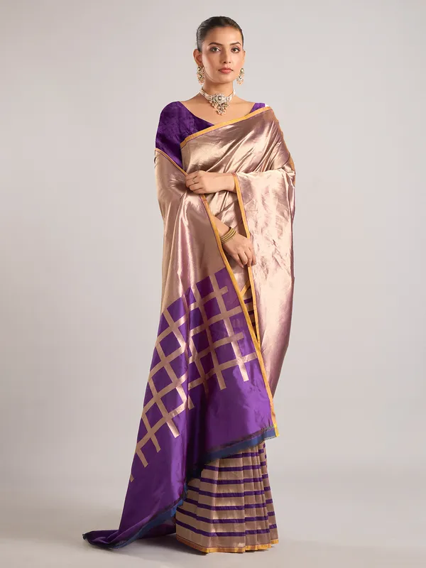 Purple silk unstitched blouse piece with zari weaving