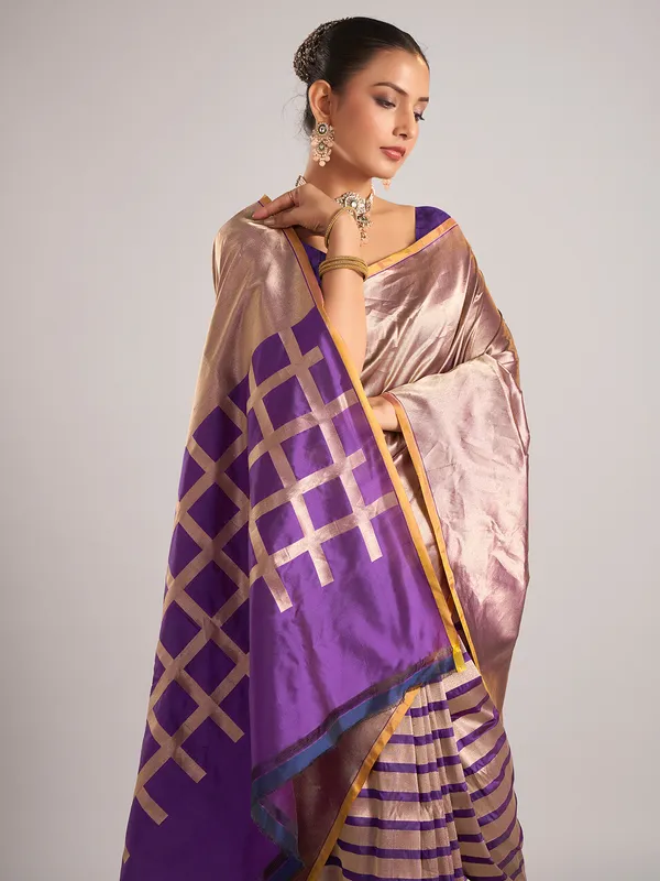 Purple silk unstitched blouse piece with zari weaving