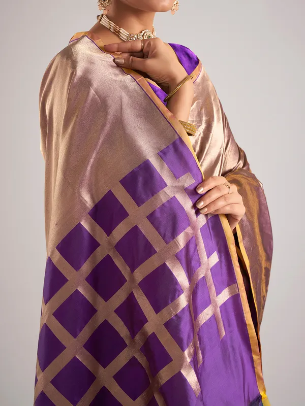 Purple silk unstitched blouse piece with zari weaving