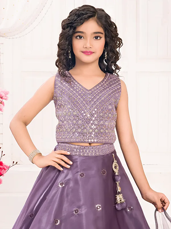 Purple silk V neck lehenga choli with dupatta