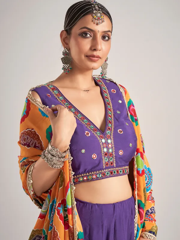 Purple silk V neck navratri chaniya choli