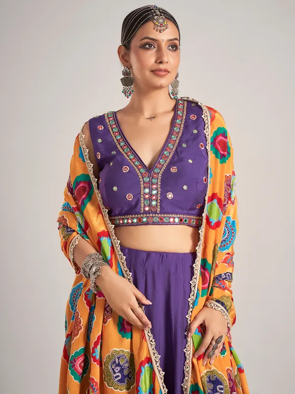 Purple silk V neck navratri chaniya choli