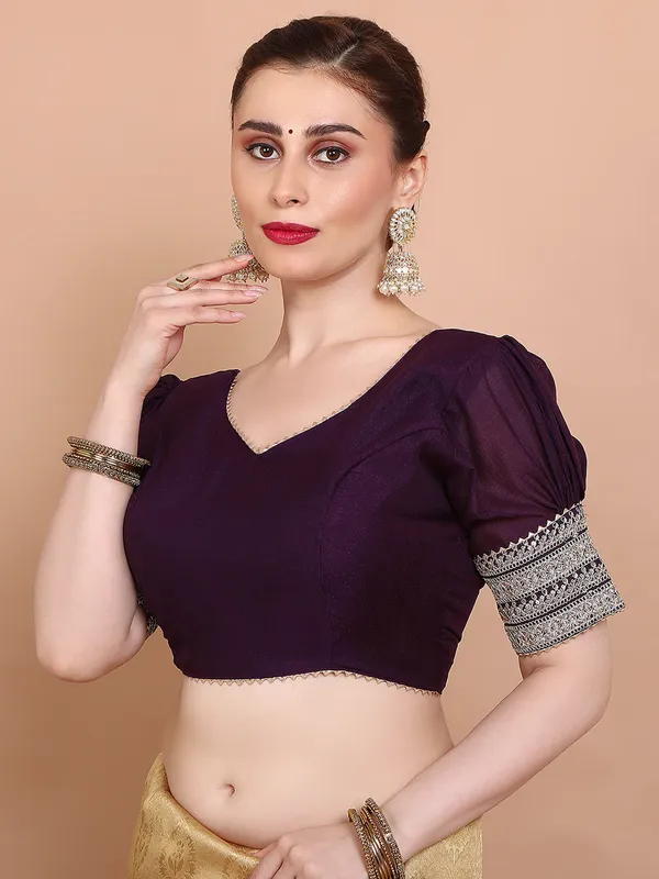Purple silk V neck ready made blouse