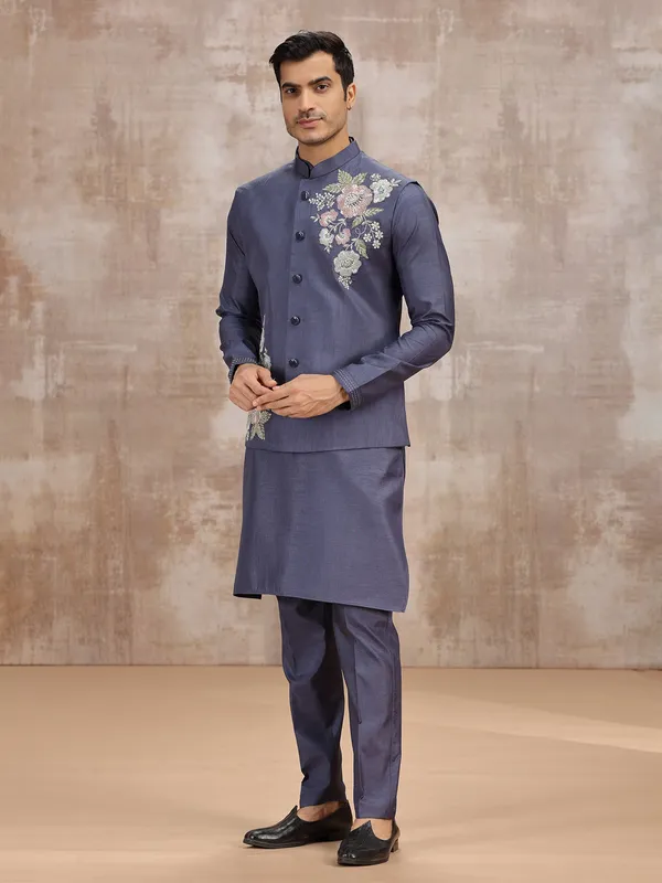 Purple silk waistcoat set for festive occasions