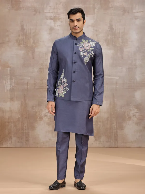 Purple silk waistcoat set for festive occasions