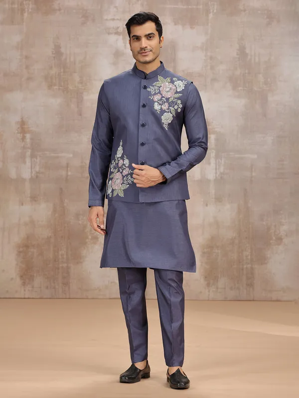 Purple silk waistcoat set for festive occasions