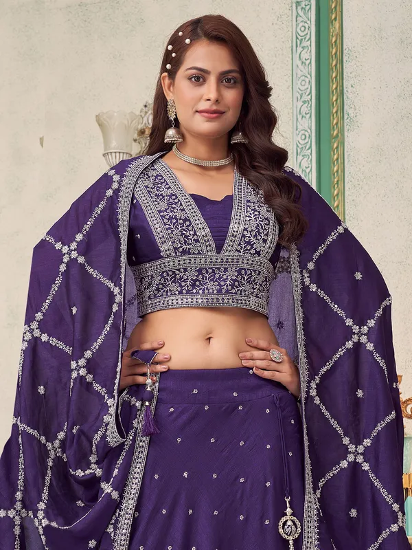 Purple silk wedding lehenga choli with dupatta