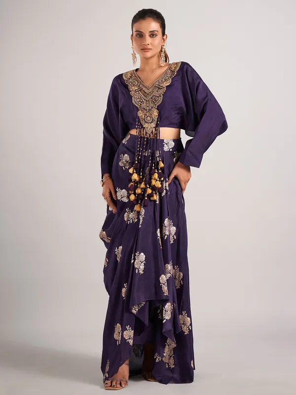 Purple silk wedding wear indowestern suit