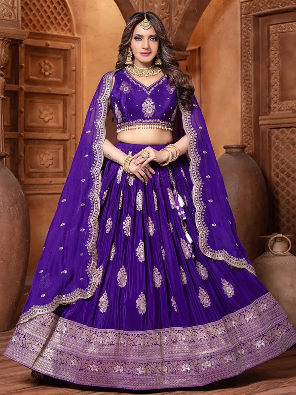 Purple silk wedding wear lehenga choli with zari work