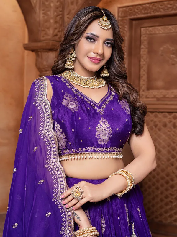 Purple silk wedding wear lehenga choli with zari work