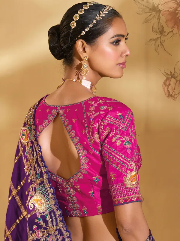 Purple silk wedding wear saree with zari embellishment