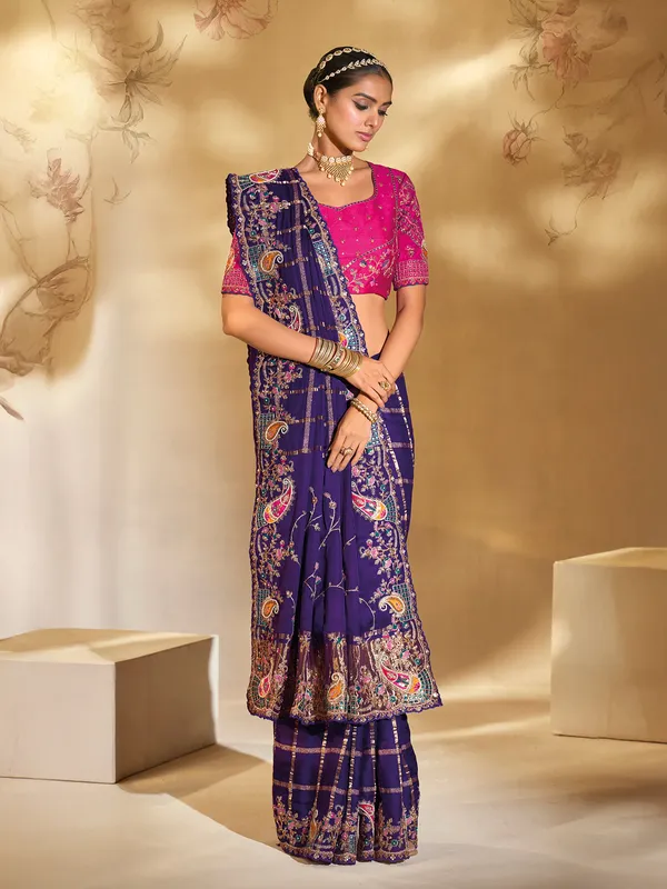 Purple silk wedding wear saree with zari embellishment
