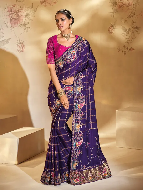 Purple silk wedding wear saree with zari embellishment