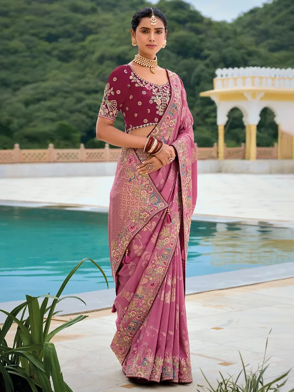 Purple silk zari weaving saree for wedding