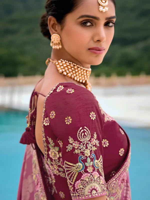 Purple silk zari weaving saree for wedding