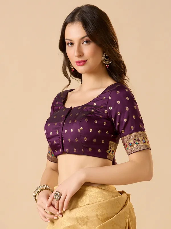 Purple silk zari work ready made blouse with elbow sleeves