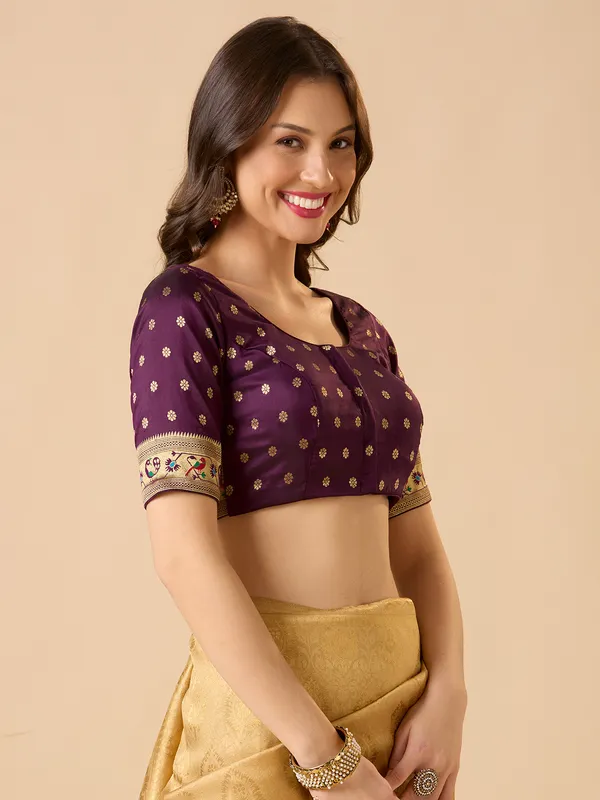 Purple silk zari work ready made blouse with elbow sleeves