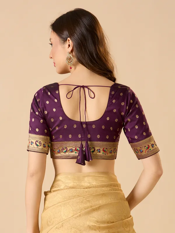 Purple silk zari work ready made blouse with elbow sleeves