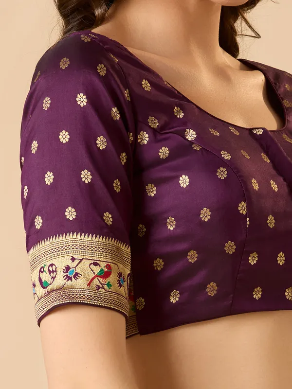 Purple silk zari work ready made blouse with elbow sleeves