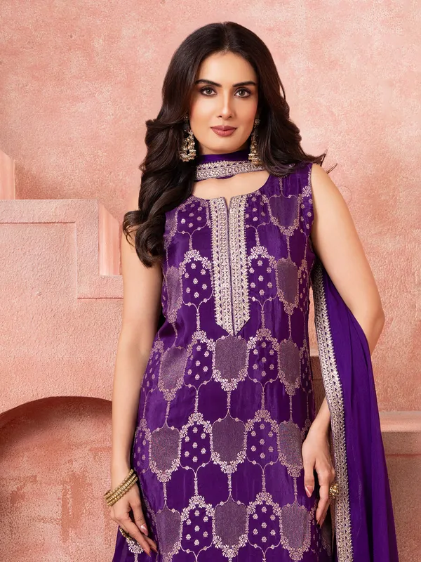 Purple silk zari worked salwar suit