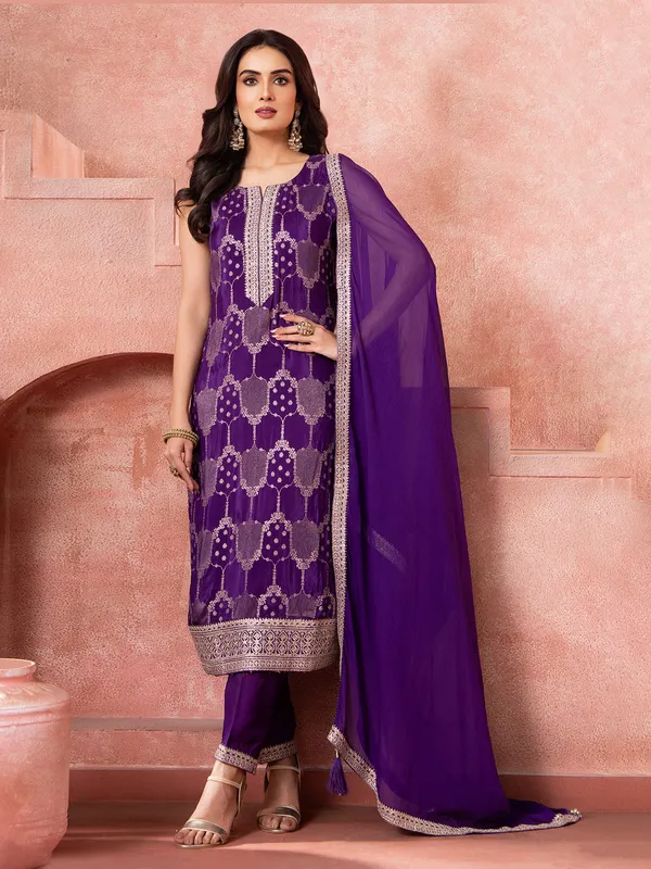 Purple silk zari worked salwar suit